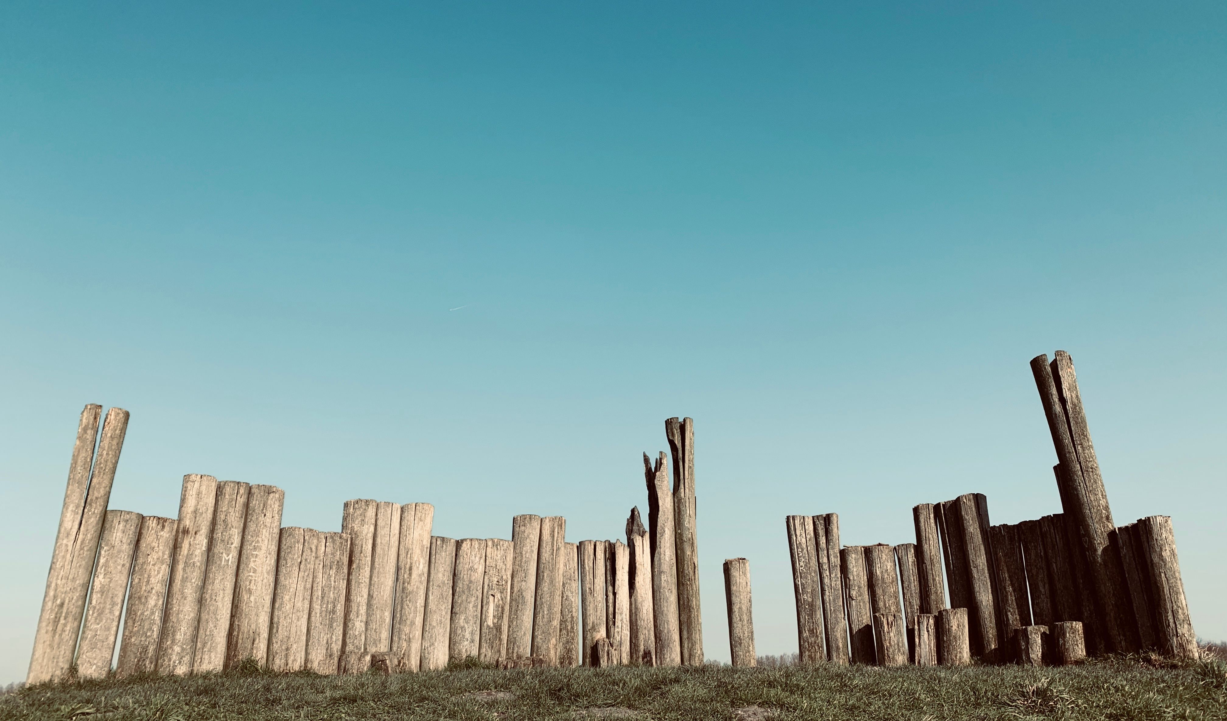 Natural wooden fence made of rounded tree trunks on a countryside meadow